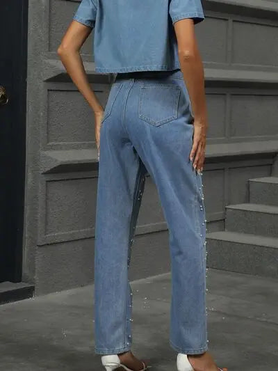 'Dani' Pearl Detail Straight Jeans - Celes Fashion